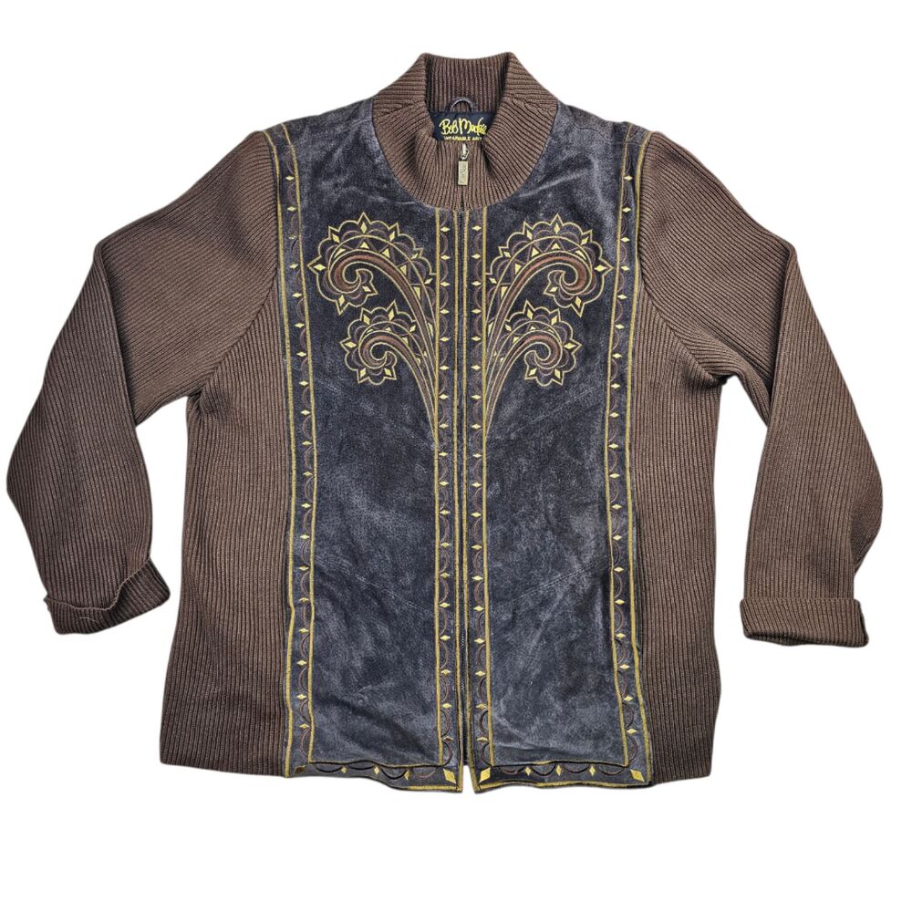 Bob Mackie Wearable Art Leather Knit Embroidered Zip Jacket L NWT Vintage - Picture 2 of 15